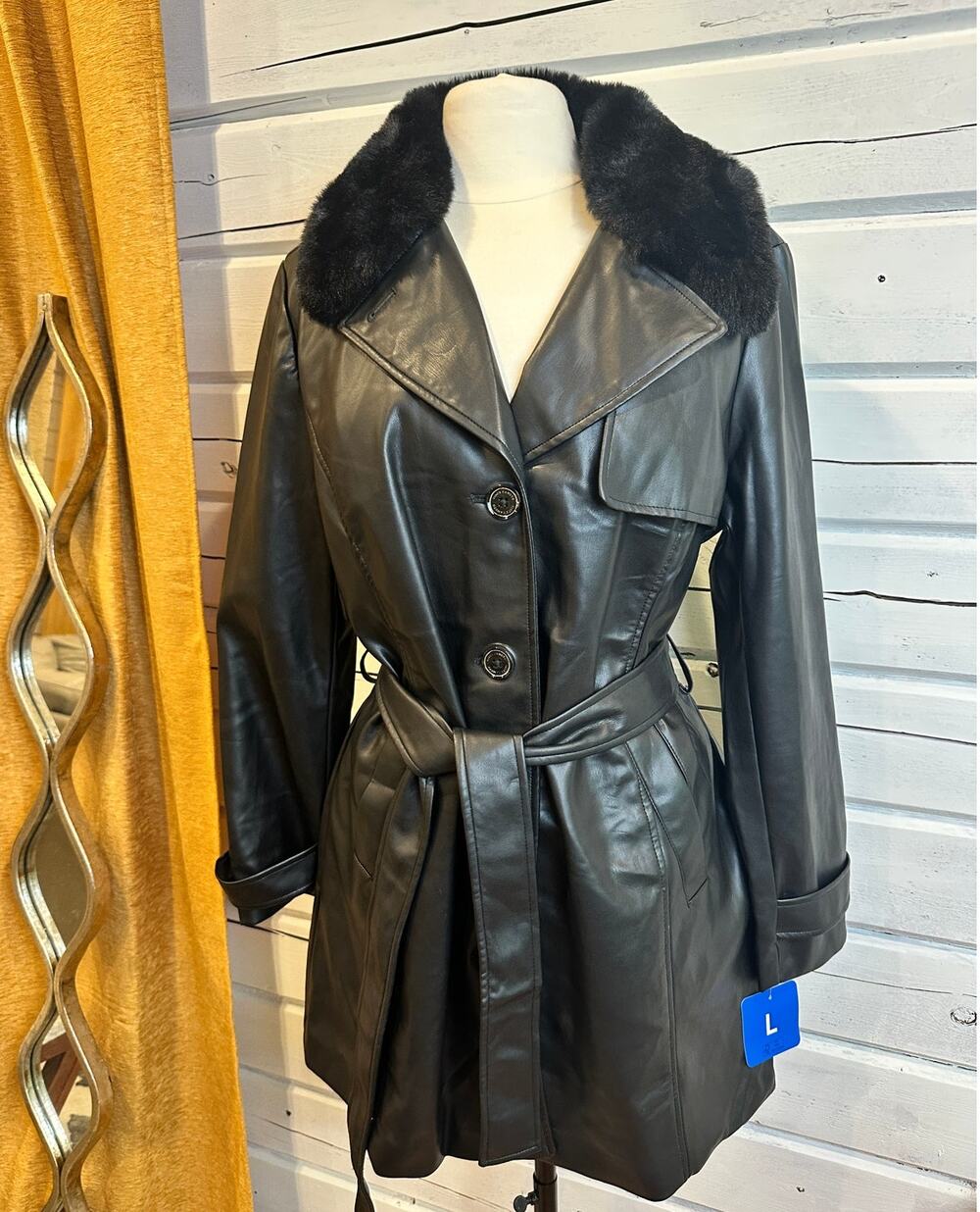 Vince Camuto Faux Leather Trench Coat Women’s L Black Faux Fur Collar NWT